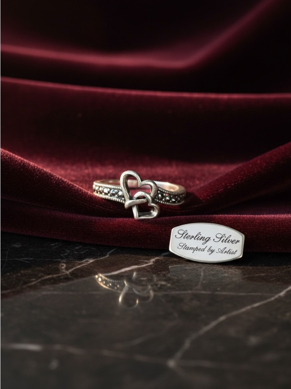 7 PAJ Double heart ring vintage Marcasite 1976 W: 7.91G - Picture 3 of 6